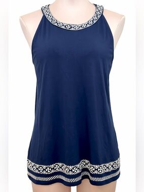 Adrianna Papell Navy Blue Embroidered Halter Tank Top Blouse Tunic L NWT